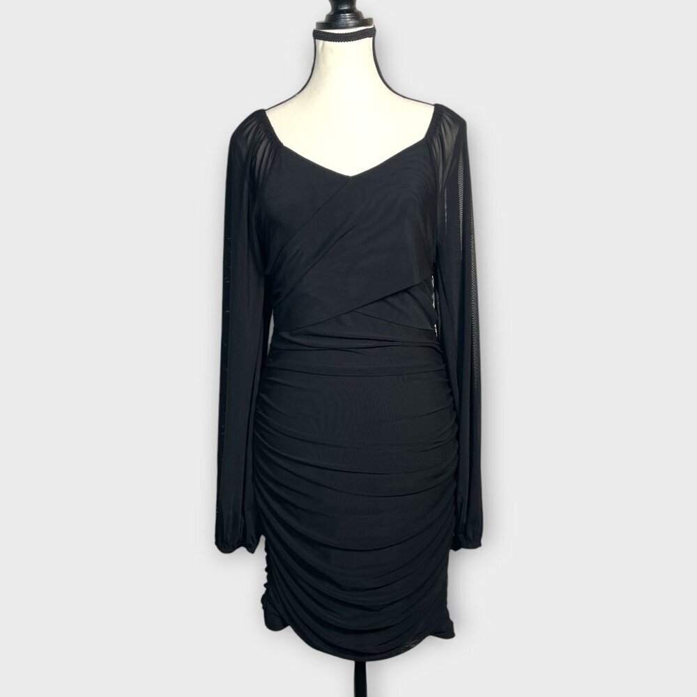 ZESICA Ruched Bodycon Mini Dress M Long Sheer Sleeves Black NEW